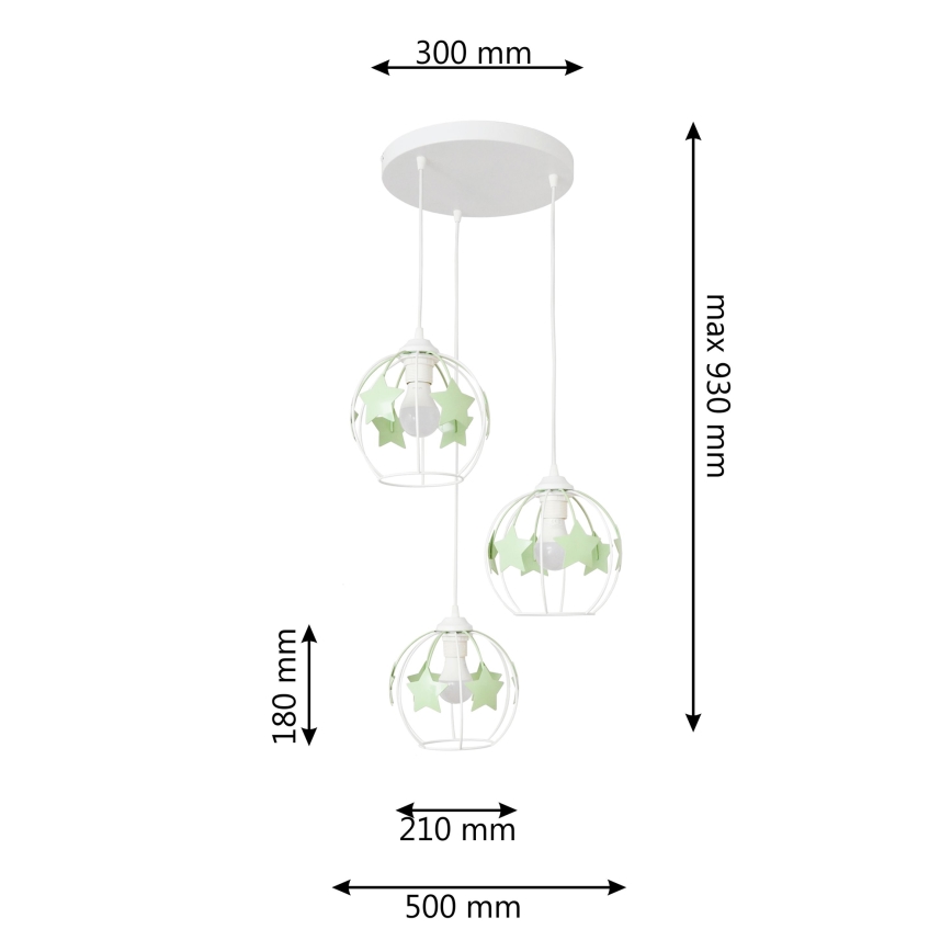 Children's chandelier on a string STARS 3xE27/15W/230V green/white