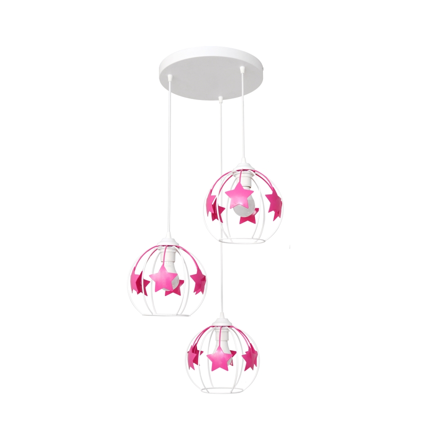 Children's chandelier on a string STARS 3xE27/15W/230V pink/white