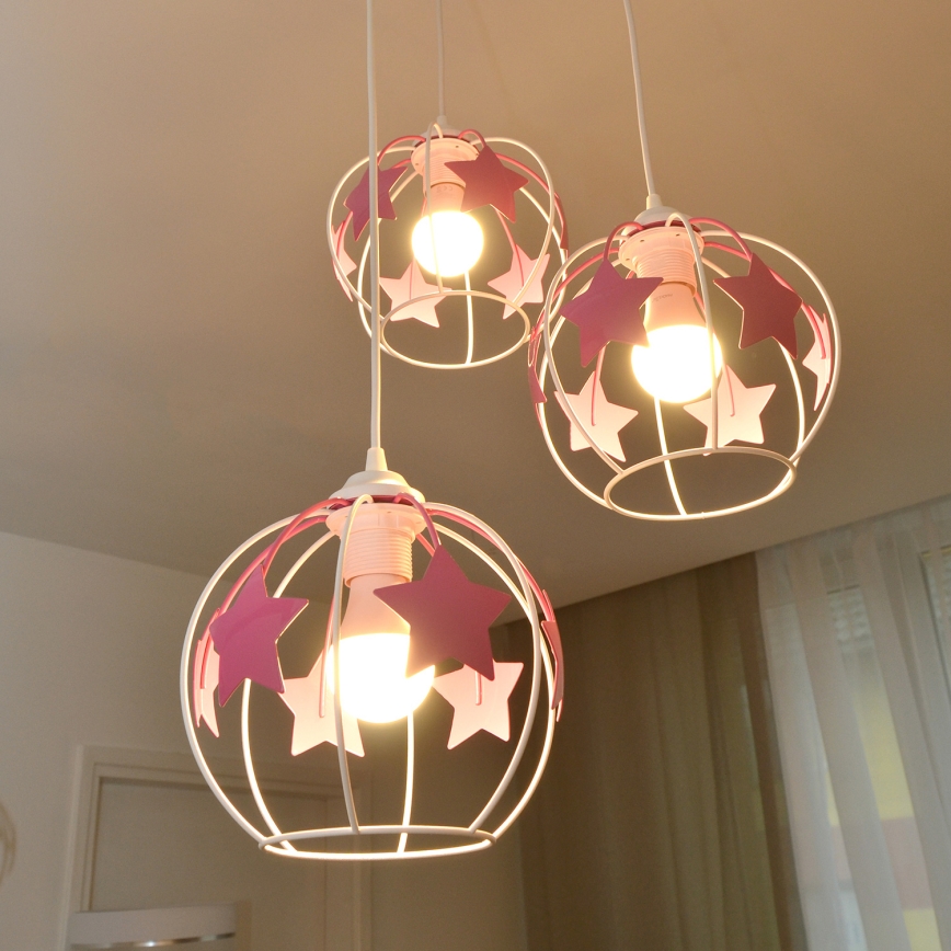 Children's chandelier on a string STARS 3xE27/15W/230V pink/white