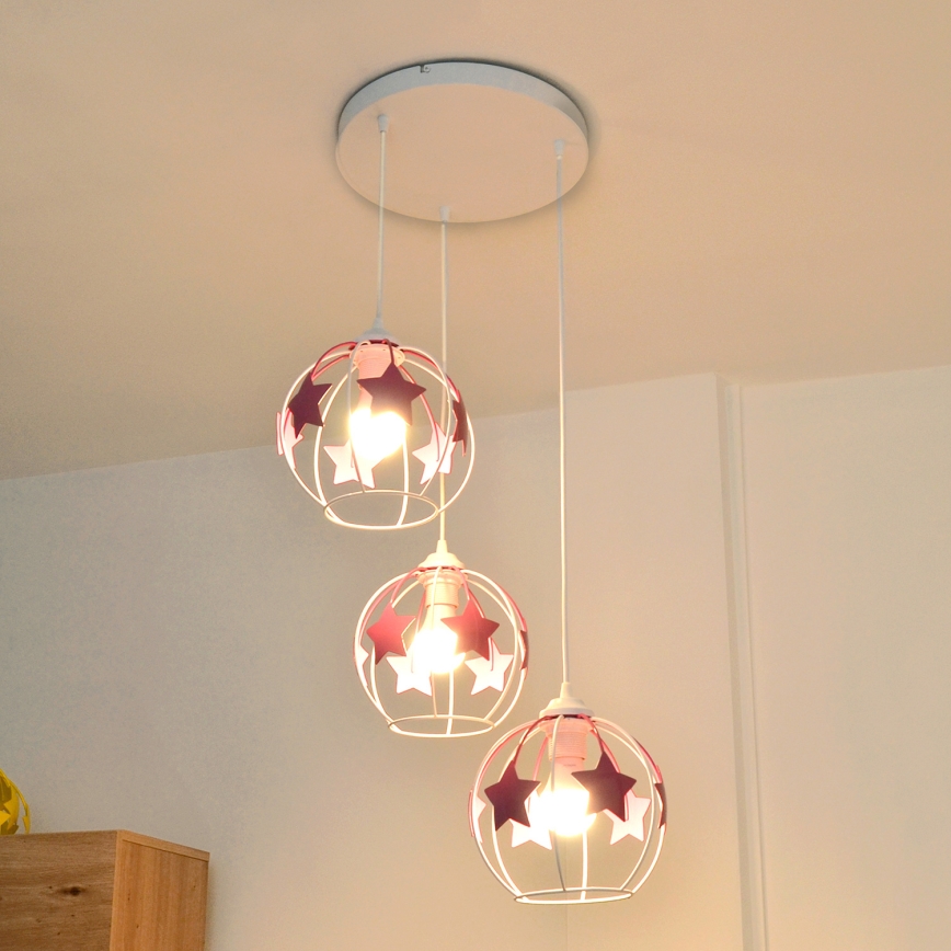 Children's chandelier on a string STARS 3xE27/15W/230V pink/white