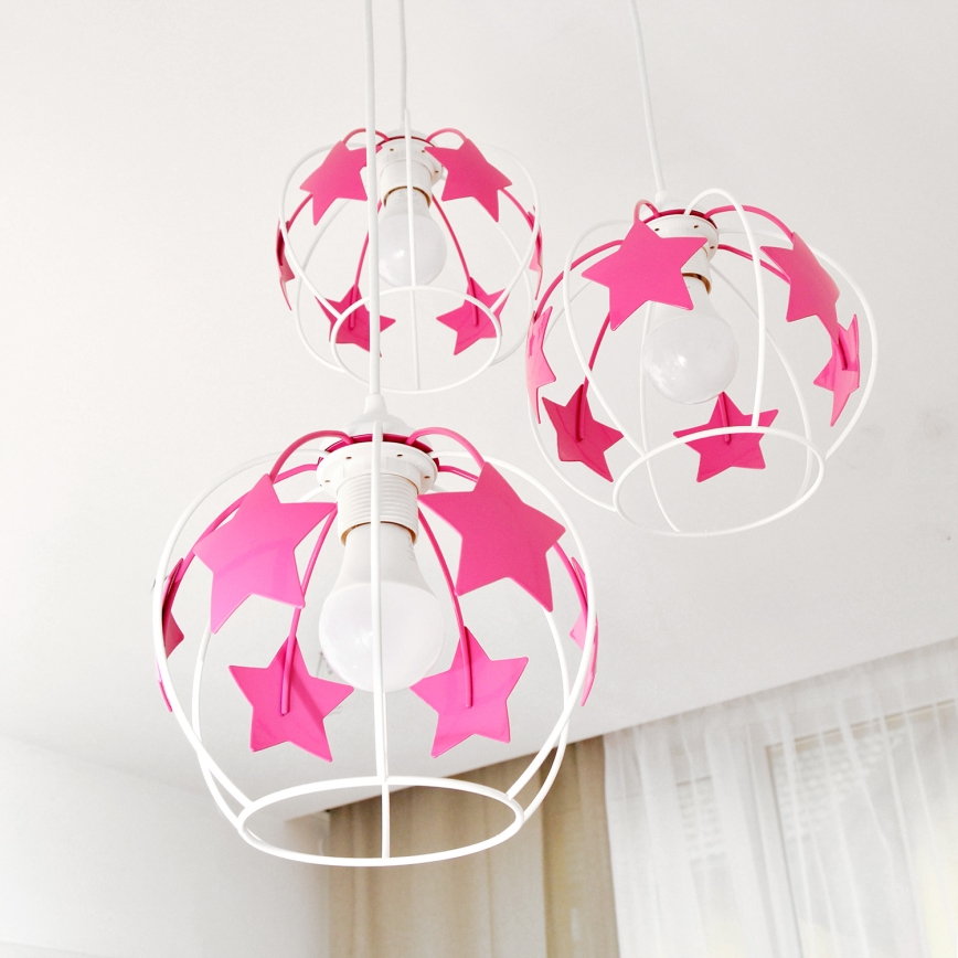 Children's chandelier on a string STARS 3xE27/15W/230V pink/white