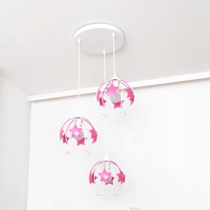 Children's chandelier on a string STARS 3xE27/15W/230V pink/white