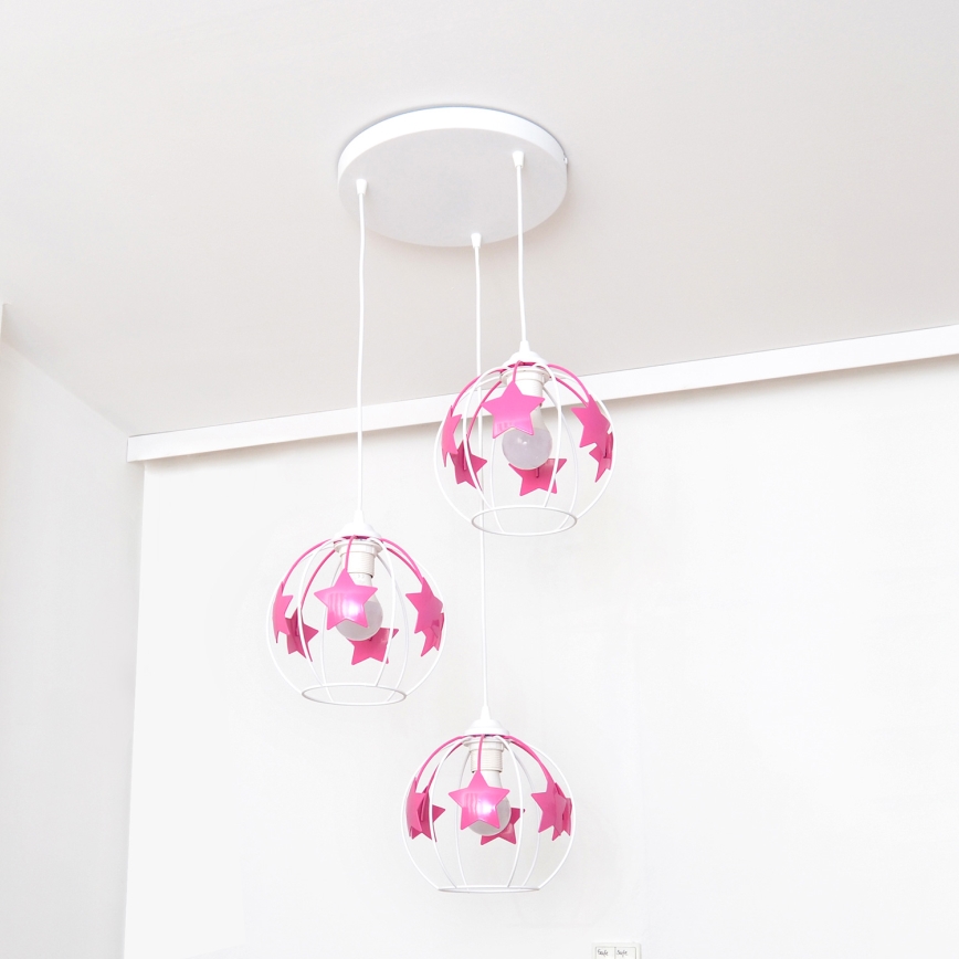 Children's chandelier on a string STARS 3xE27/15W/230V pink/white