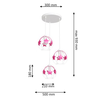 Children's chandelier on a string STARS 3xE27/15W/230V pink/white