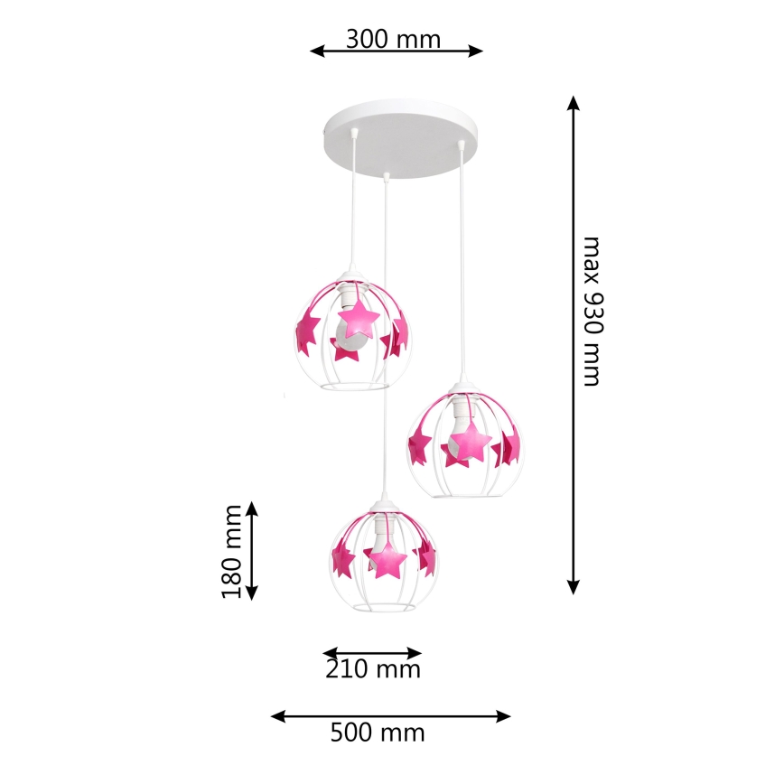 Children's chandelier on a string STARS 3xE27/15W/230V pink/white