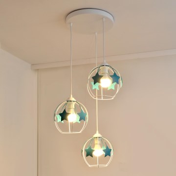 Children's chandelier on a string STARS 3xE27/15W/230V turquoise/white