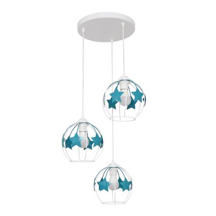 Children's chandelier on a string STARS 3xE27/15W/230V turquoise/white