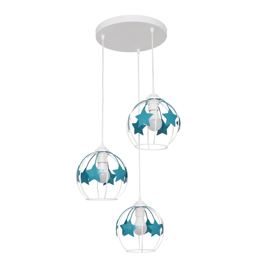 Children's chandelier on a string STARS 3xE27/15W/230V turquoise/white