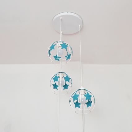 Children's chandelier on a string STARS 3xE27/15W/230V turquoise/white