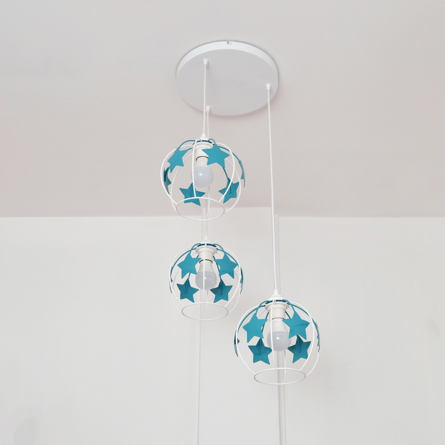 Children's chandelier on a string STARS 3xE27/15W/230V turquoise/white