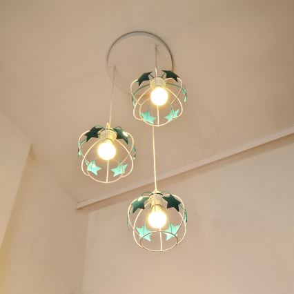 Children's chandelier on a string STARS 3xE27/15W/230V turquoise/white