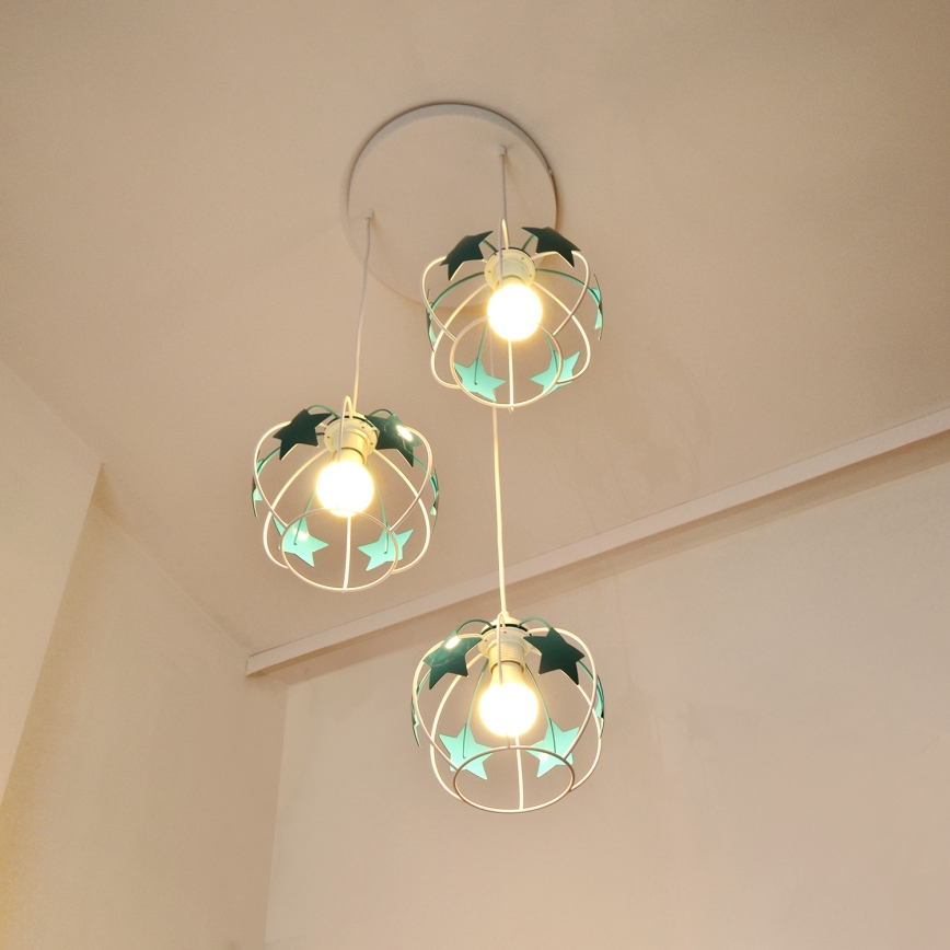 Children's chandelier on a string STARS 3xE27/15W/230V turquoise/white