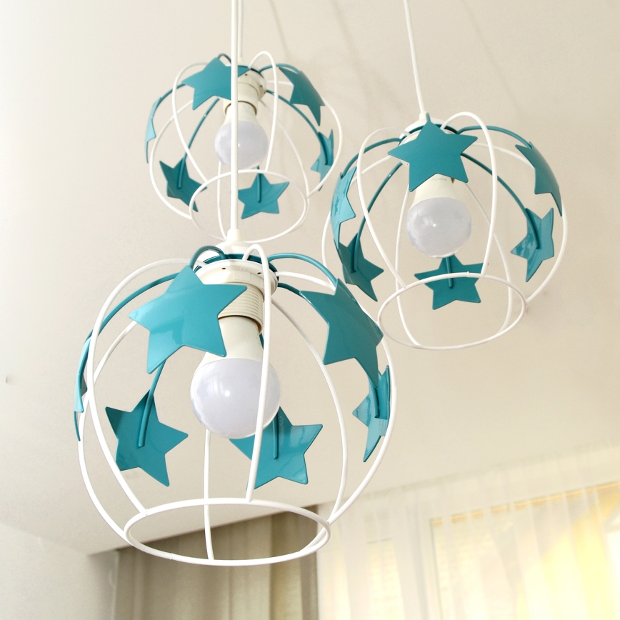 Children's chandelier on a string STARS 3xE27/15W/230V turquoise/white
