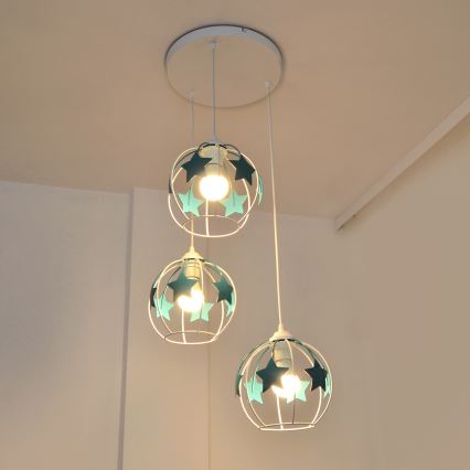 Children's chandelier on a string STARS 3xE27/15W/230V turquoise/white