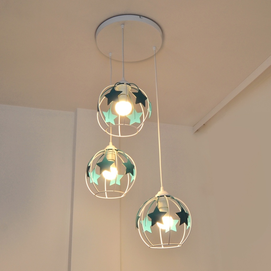 Children's chandelier on a string STARS 3xE27/15W/230V turquoise/white
