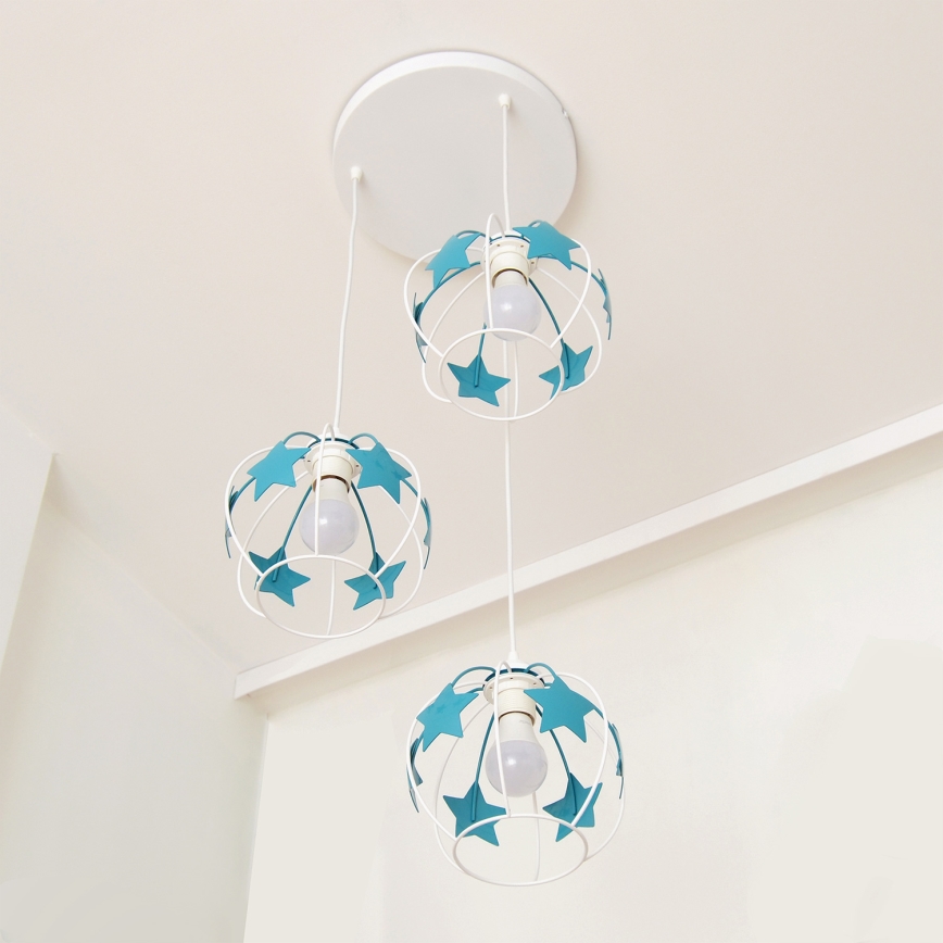 Children's chandelier on a string STARS 3xE27/15W/230V turquoise/white