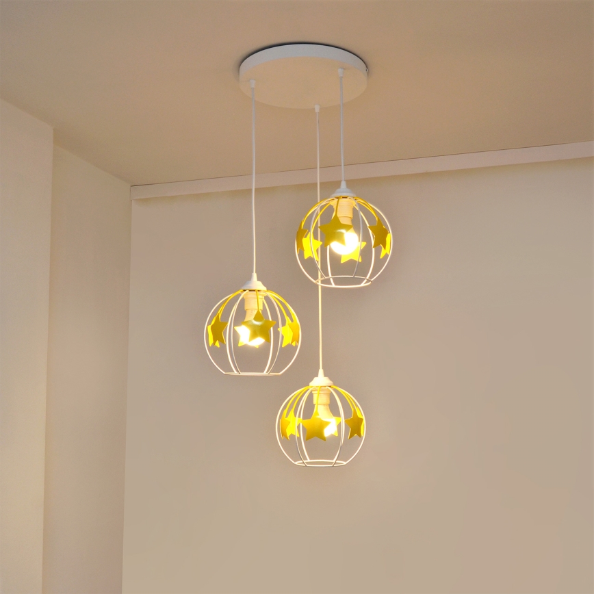 Children's chandelier on a string STARS 3xE27/15W/230V yellow/white