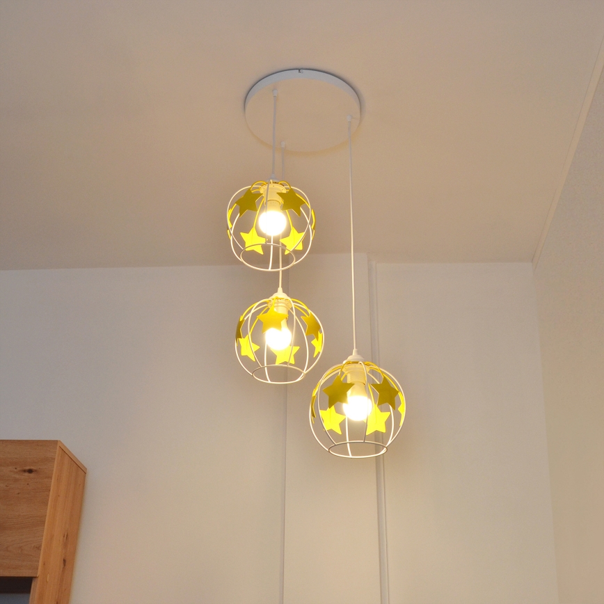 Children's chandelier on a string STARS 3xE27/15W/230V yellow/white