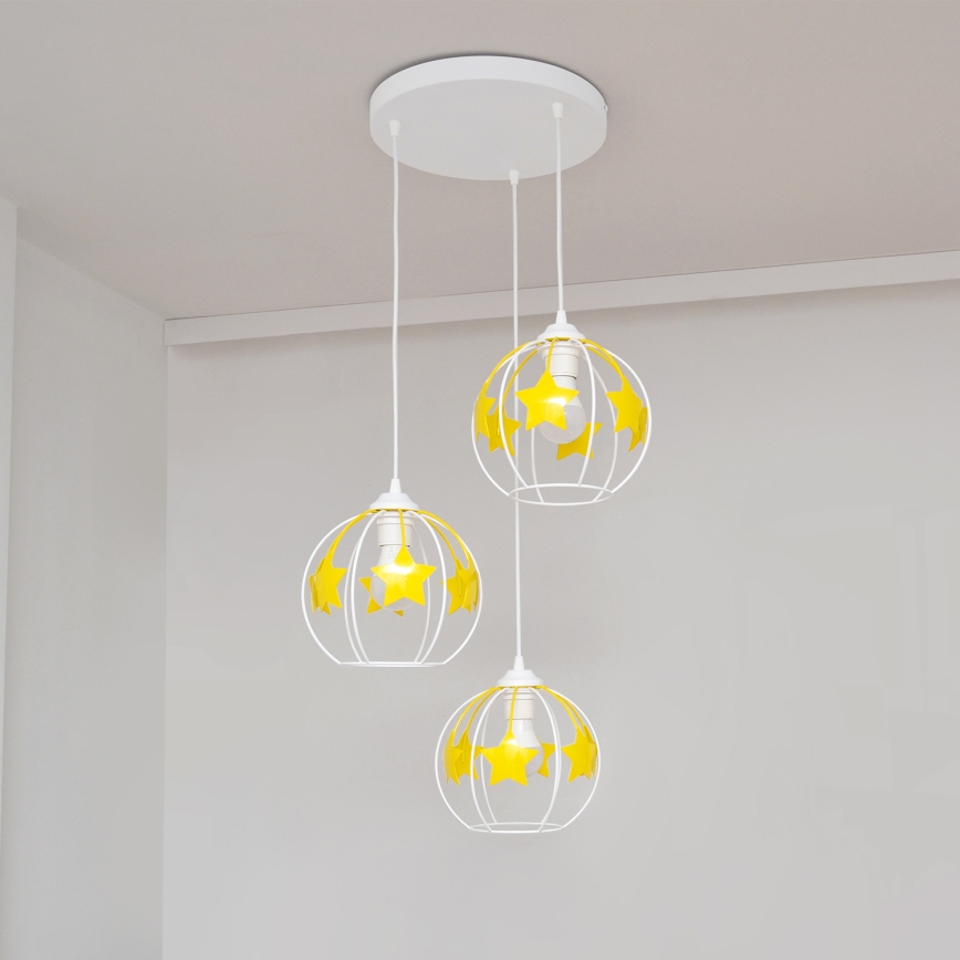 Children's chandelier on a string STARS 3xE27/15W/230V yellow/white