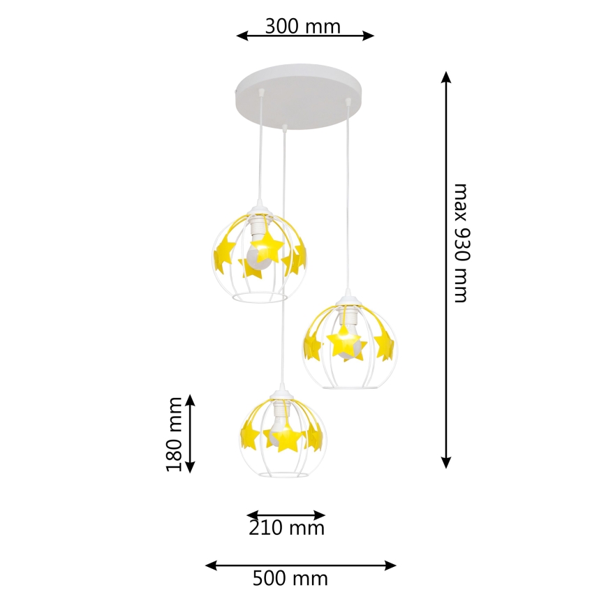 Children's chandelier on a string STARS 3xE27/15W/230V yellow/white
