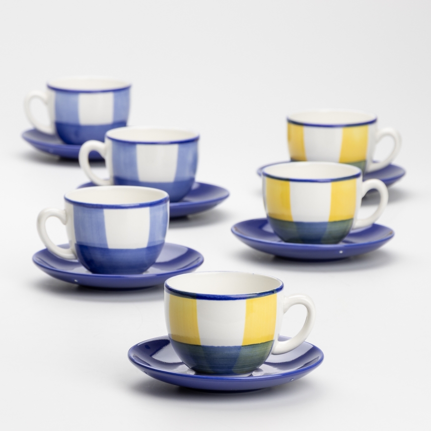 Coffee set 6x ceramic cup Tereza with saucer white blue yellow