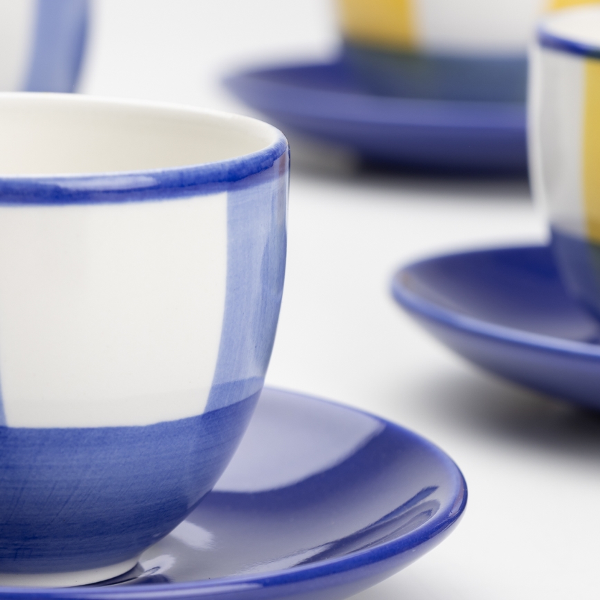 Coffee set 6x ceramic cup Tereza with saucer white blue yellow