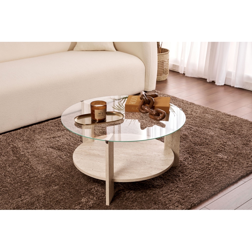 Coffee table SFERA Ø 75 cm travertine/clear