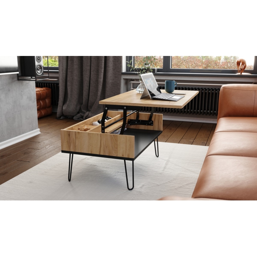 Coffee table with lifting top and shelf HALIJA oak/black