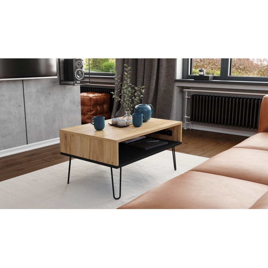 Coffee table with lifting top and shelf HALIJA oak/black