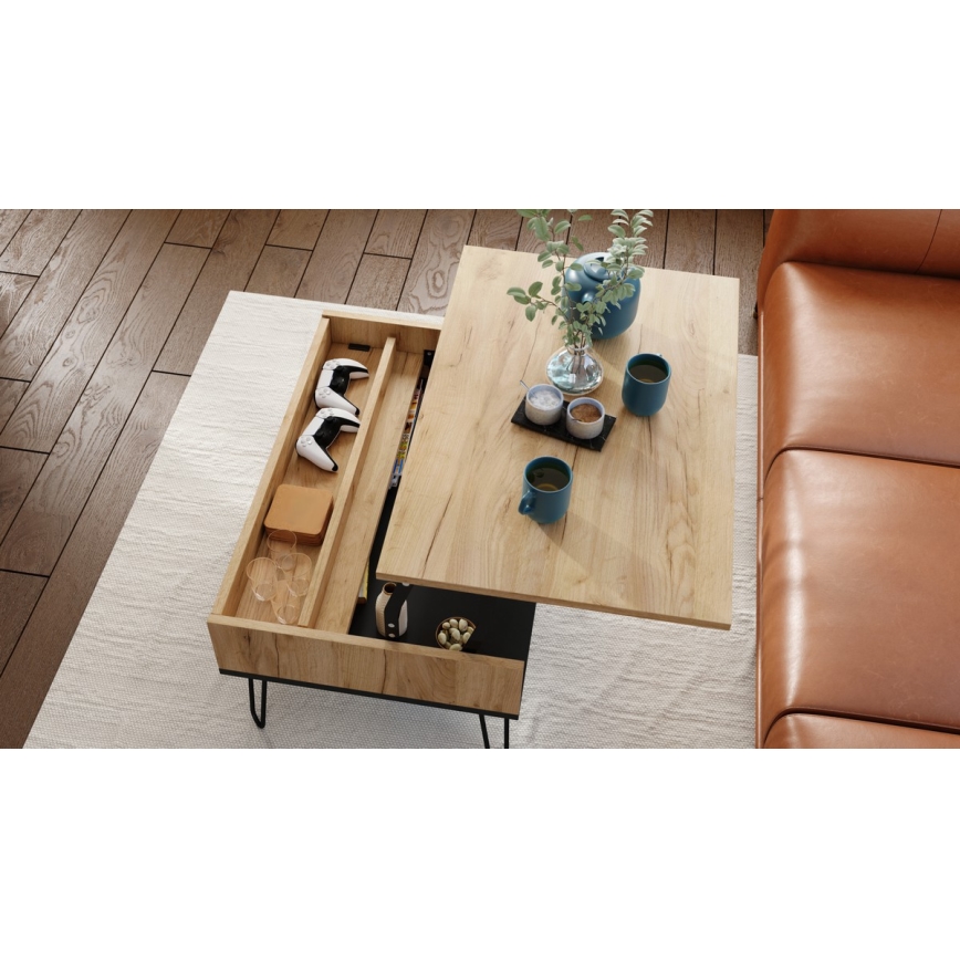 Coffee table with lifting top and shelf HALIJA oak/black