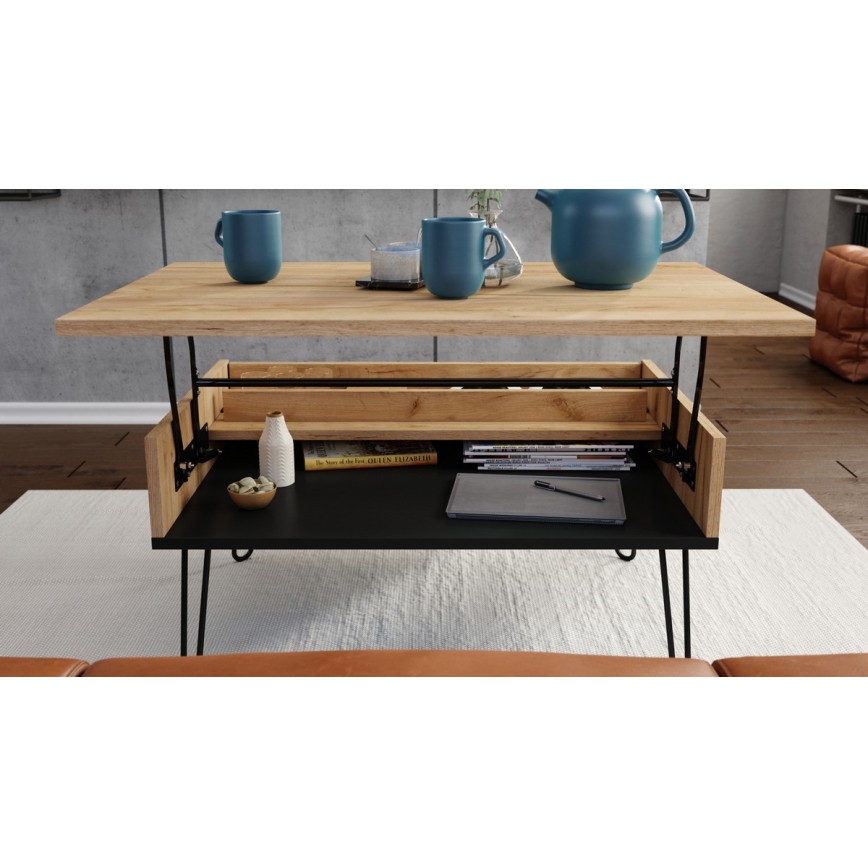 Coffee table with lifting top and shelf HALIJA oak/black