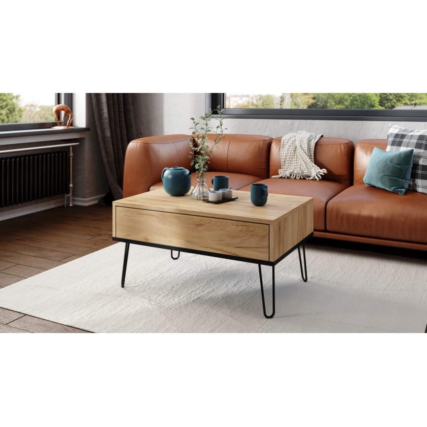 Coffee table with lifting top and shelf HALIJA oak/black