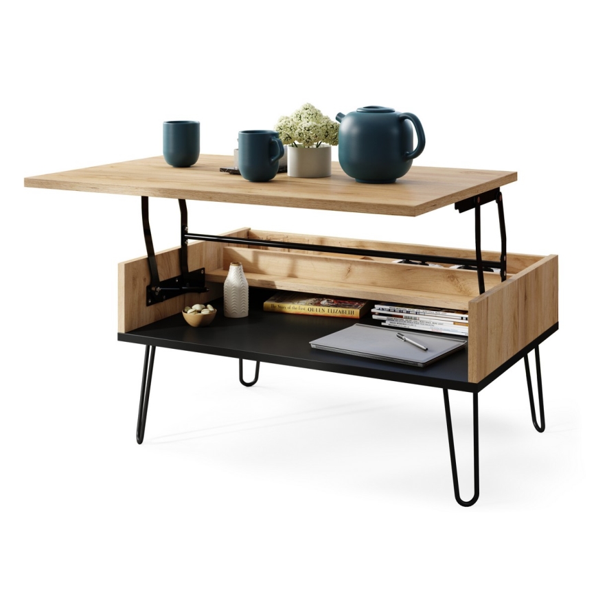 Coffee table with lifting top and shelf HALIJA oak/black