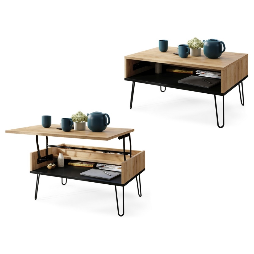 Coffee table with lifting top and shelf HALIJA oak/black