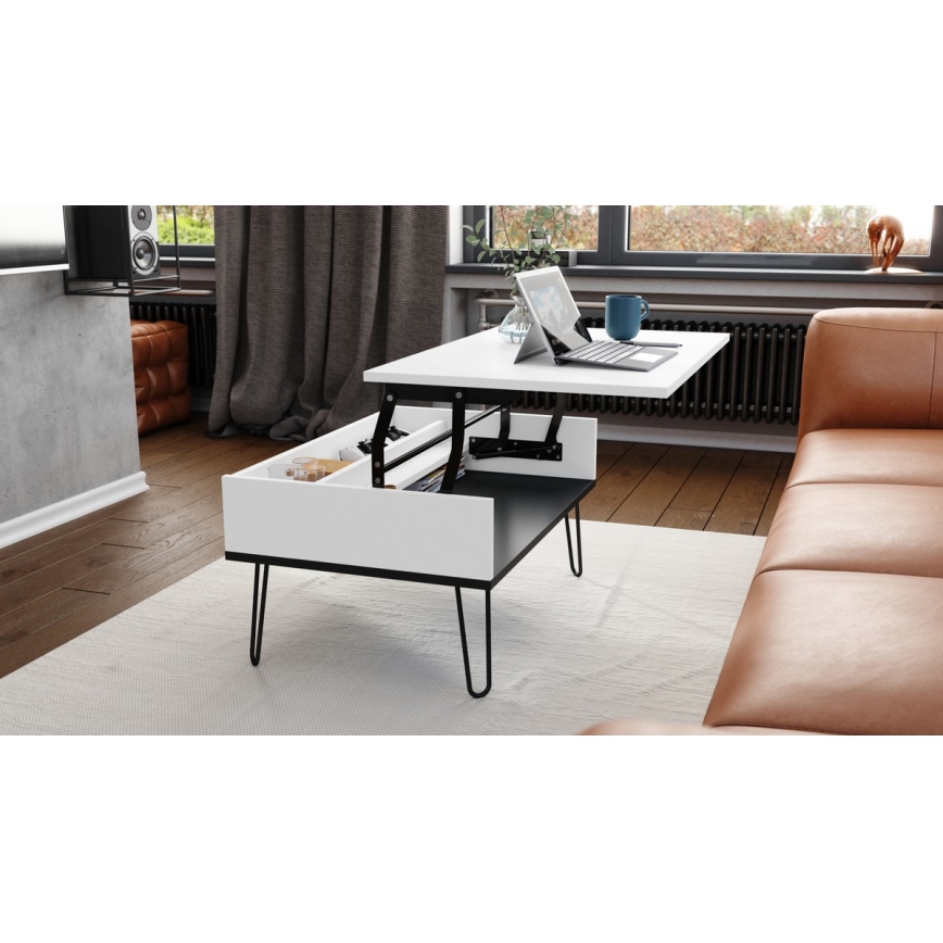 Coffee table with lifting top and shelf HALIJA white/black