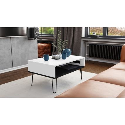 Coffee table with lifting top and shelf HALIJA white/black