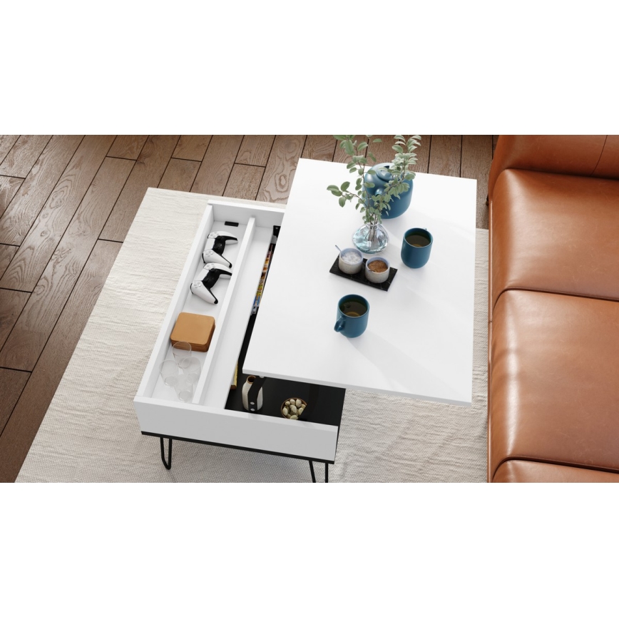 Coffee table with lifting top and shelf HALIJA white/black