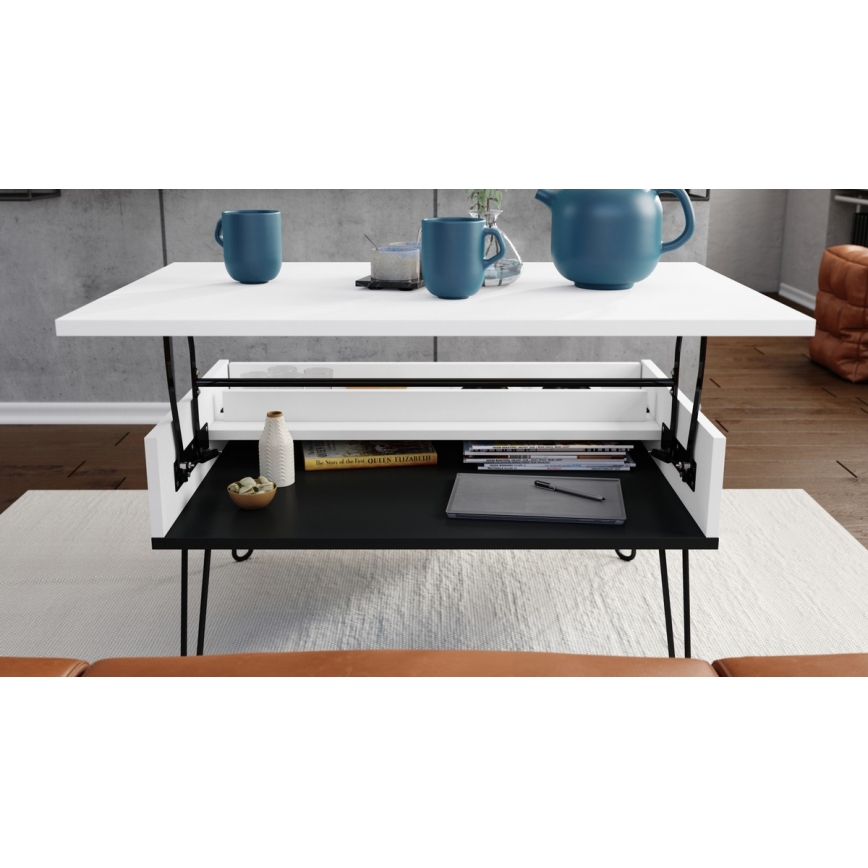 Coffee table with lifting top and shelf HALIJA white/black