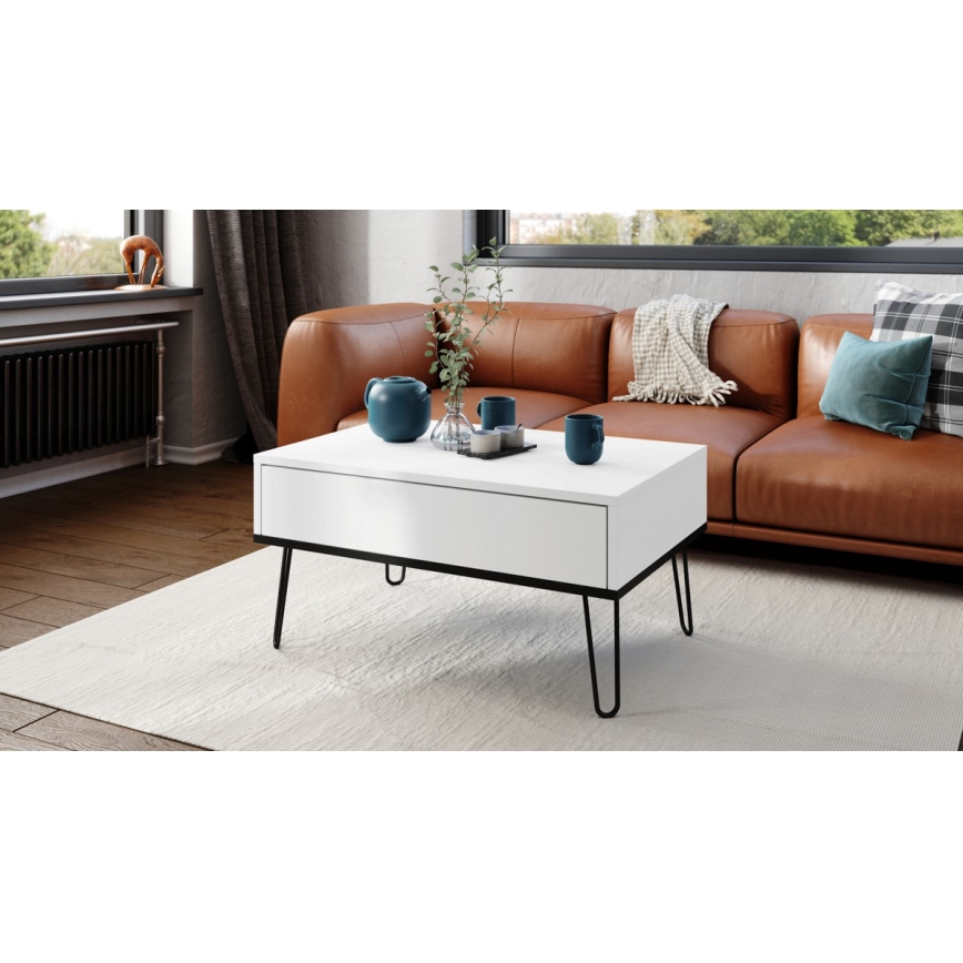 Coffee table with lifting top and shelf HALIJA white/black