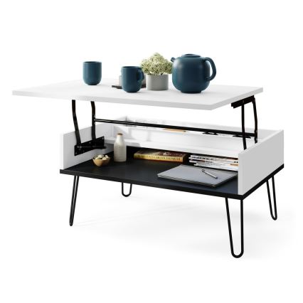 Coffee table with lifting top and shelf HALIJA white/black