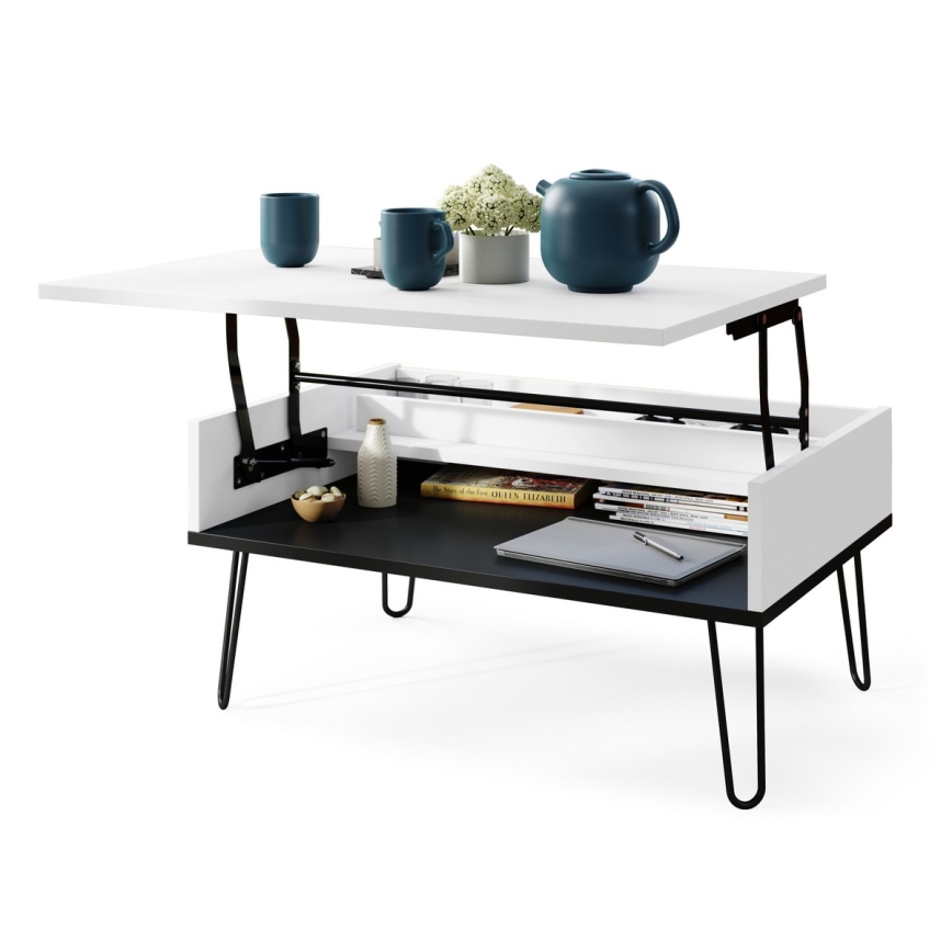 Coffee table with lifting top and shelf HALIJA white/black