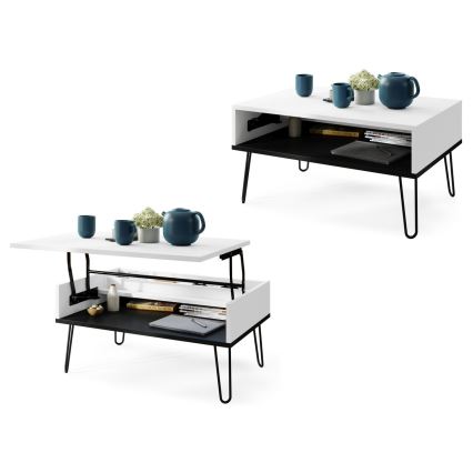 Coffee table with lifting top and shelf HALIJA white/black