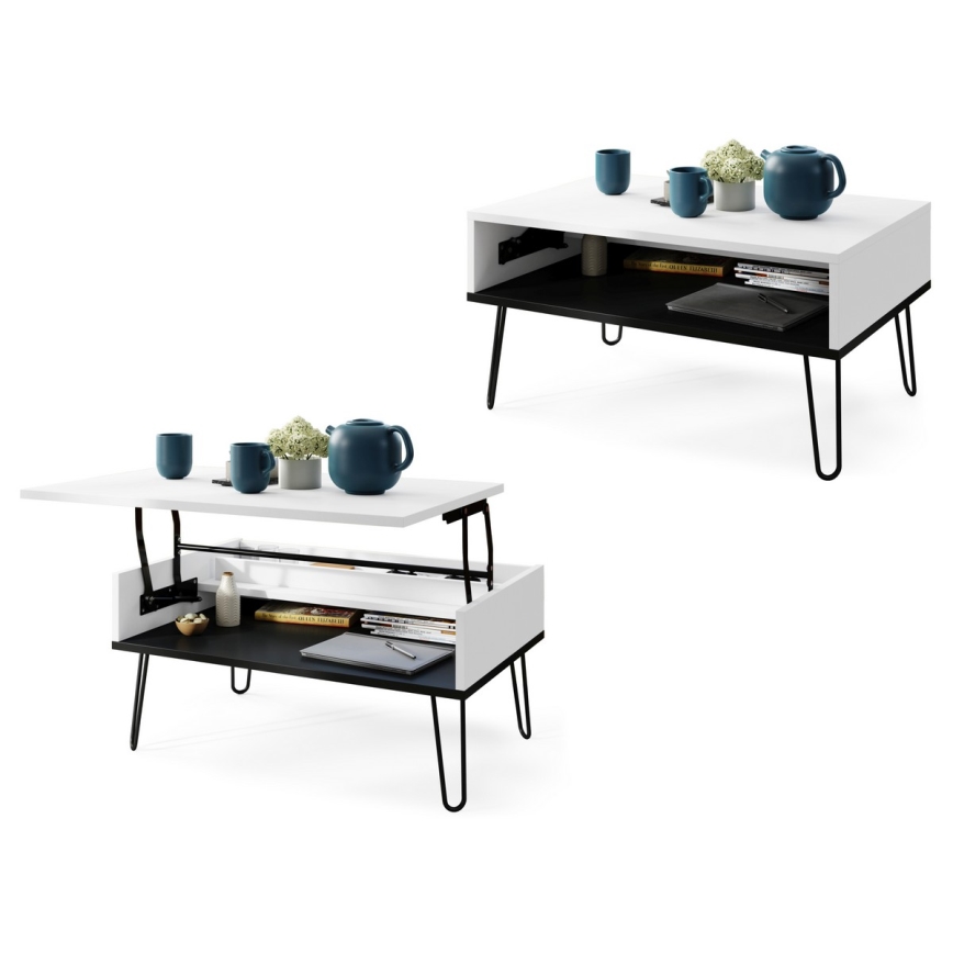 Coffee table with lifting top and shelf HALIJA white/black