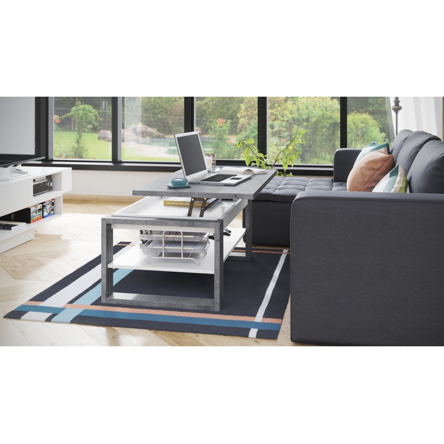 Coffee table with lifting top and shelf NEA grey/white