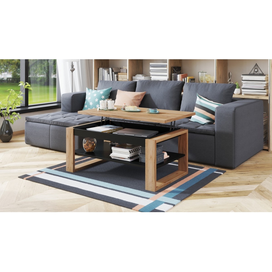 Coffee table with lifting top and shelf NEA oak/black