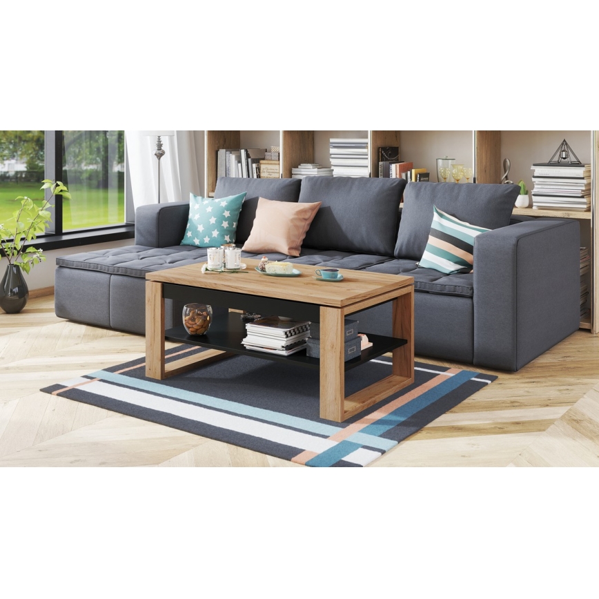 Coffee table with lifting top and shelf NEA oak/black