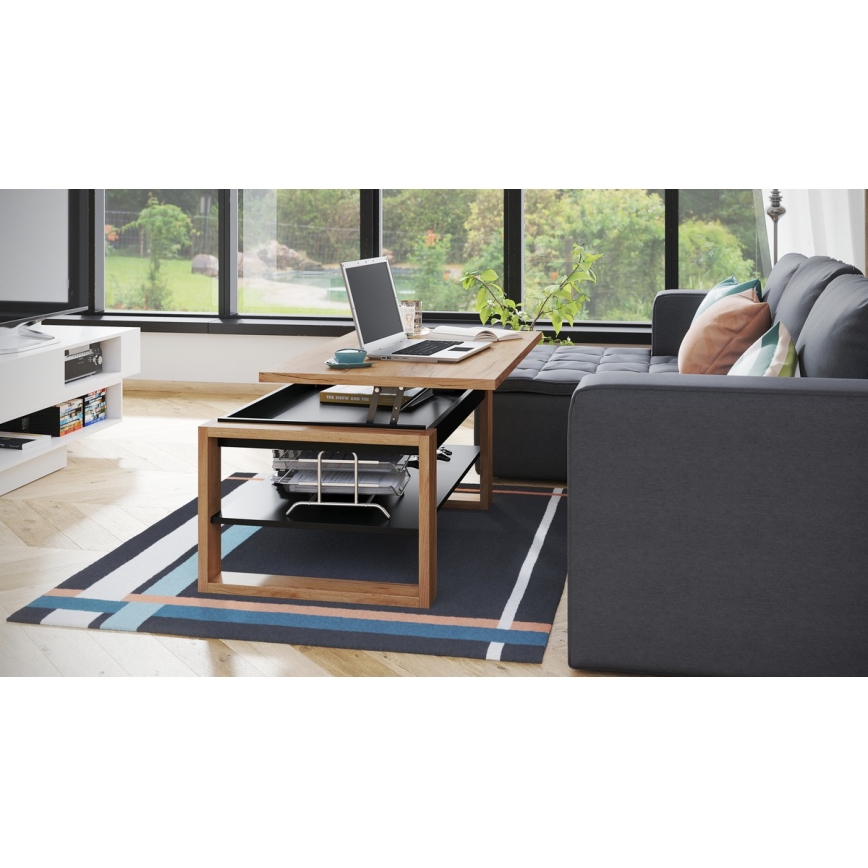 Coffee table with lifting top and shelf NEA oak/black