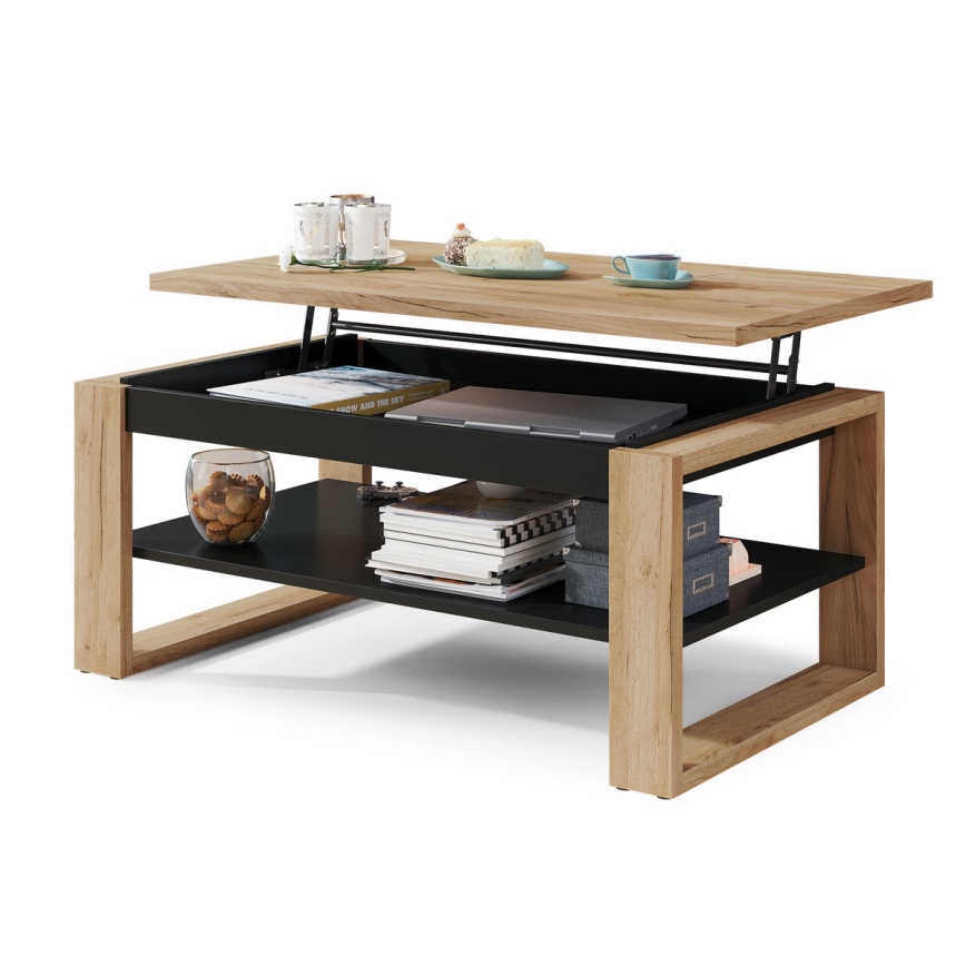 Coffee table with lifting top and shelf NEA oak/black
