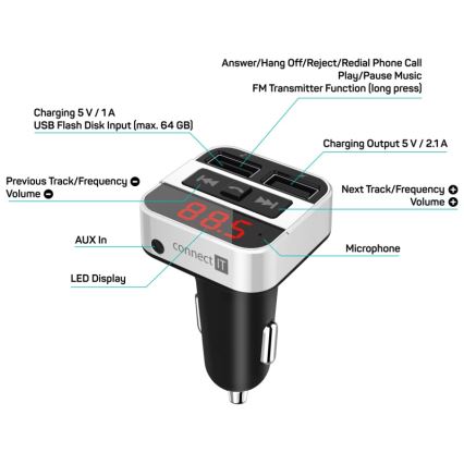 CONNECT IT CCC-8800-SL - FM car transmitter with hands-free function black/silver
