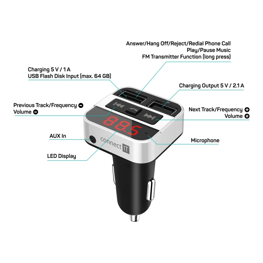 CONNECT IT CCC-8800-SL - FM car transmitter with hands-free function black/silver